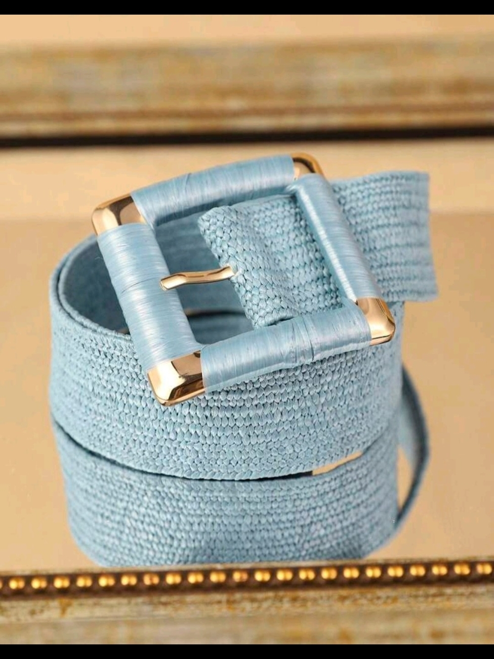 Light Blue Woven Waist Belt with Gold-Tone Buckle - Picture 1 of 9